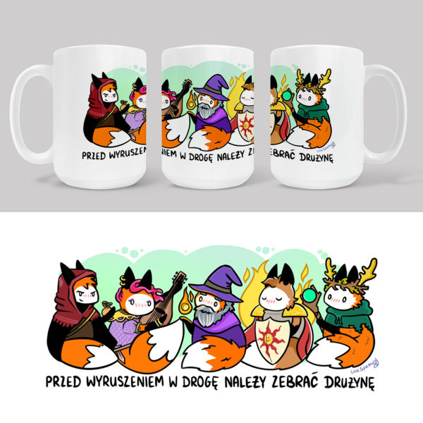 Wizualizacja kubka od Lisich Spraw zawierająca rysunek gromady lisków przebranych w stroje fantasy i podpisem "Przed wyruszeniem w drogę należy zebrać drużynę".